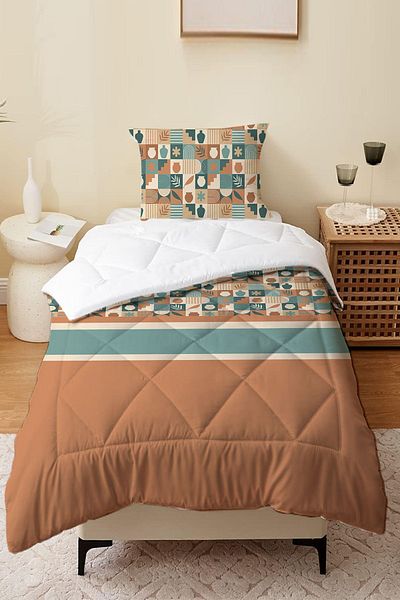 3D ELSE HALI Retro Patterned Brown Single Person Microfiber Quilted Sleeping Set - Children's Quilt Pillow