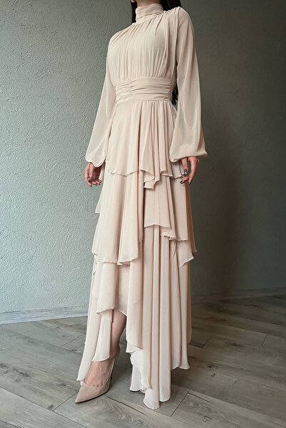 Seda Yalçın Atelier Beige Turtleneck Dress with Drape Detail