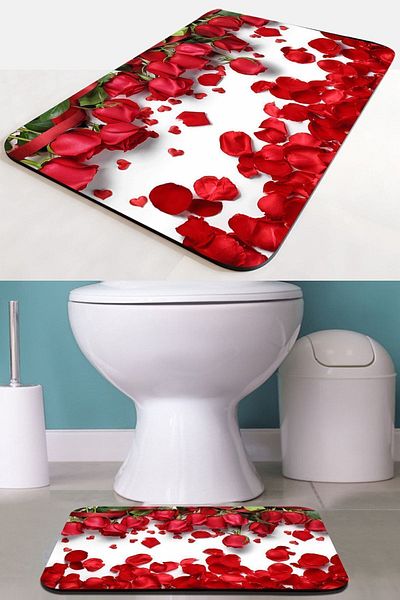 3D ELSE HALI Else Red Roses Patterned Non-Slip Base Washable Single Toilet Front Small Bath Mat