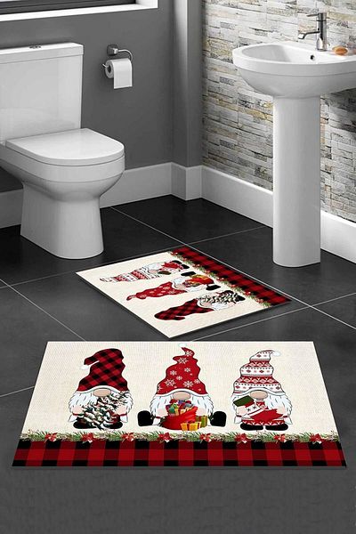 Else Dekor Else Red Cute Gnomes Πρωτοχρονιάτικο που πλένεται αντιολισθητικό σετ καθισμάτων τουαλέτας 2 τεμαχίων Μοκέτα μπάνιου