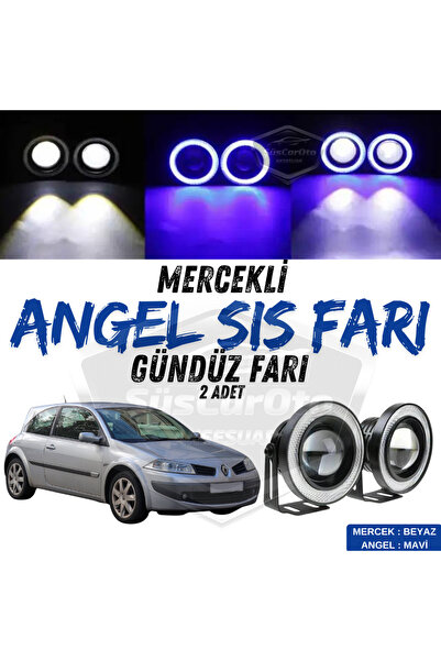 ŞüsCarOto Aksesuar Renault Megane 2 2003-2008 Uyumlu Mercekli Angel Sis Farı Metal 76 mm Mavi Halkalı Gündüz Farı 2 Ad