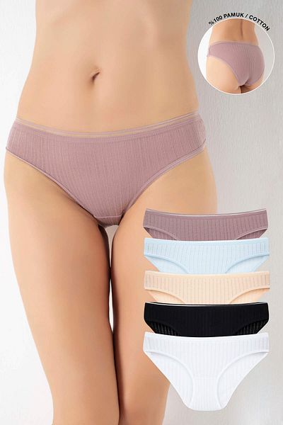 Ramior Pack of 5 Chain Stitched 100% Cotton Bikini Panties - Black Mink Blue White Skin