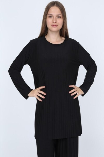 ilmek Women's Black Trousers Hijab Tunic Pleated Sandy Double Set 5219