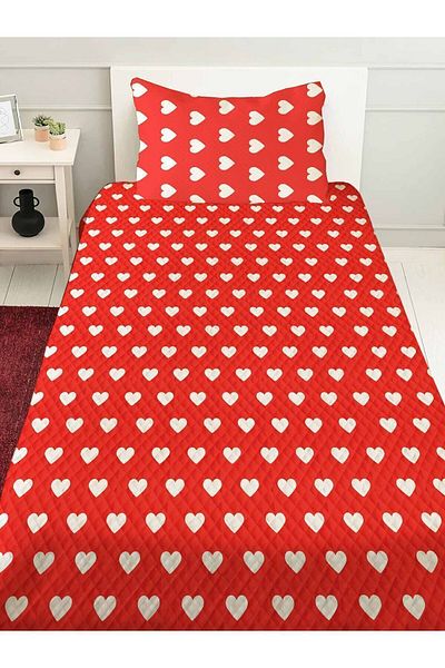 3D ELSE HALI Red Heart Patterned Single Pillowed Printed Bedspread Pique Set 160x220cm