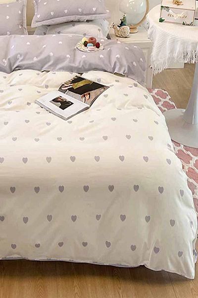 3D ELSE HALI Gray White Heart Double Sided Cotton Satin Single Duvet Cover Set