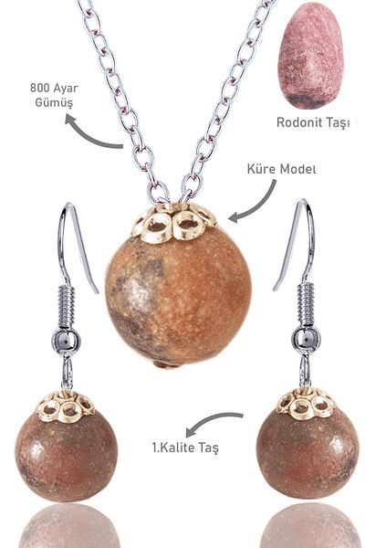 Tesbih Atölyesi Rhodonite Stoned Globe Model Necklace and Earring Set - Silver Apparatus