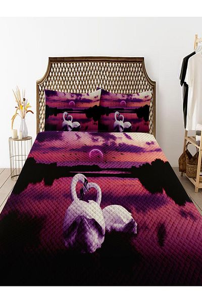 3D ELSE HALI Double Decorative Bedspread - Purple and White Swans Patterned Printed Pique Set