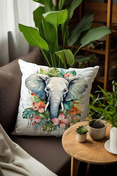 Else Dekor Față de pernă decorativă, cu model de elefant colorat, imprimată digitală, cu două fețe, 43x43cm