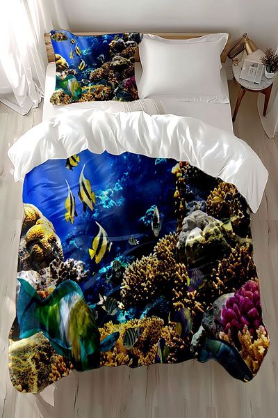 3D ELSE HALI Tropical Fishes Patterned Cotton Satin Children's Bedding Set - Single