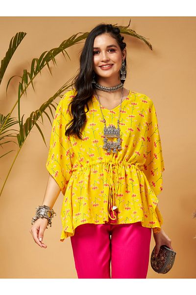 Sassafras By Styli Floral Print Ruched Waist Batwing Sleeves Top