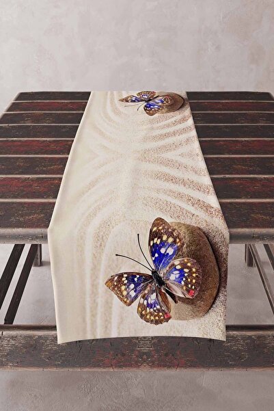 Else Dekor Yellow Beach Blue Butterfly Patterned Printed Stain Resistant Washable Decorative Tablecloth Runner