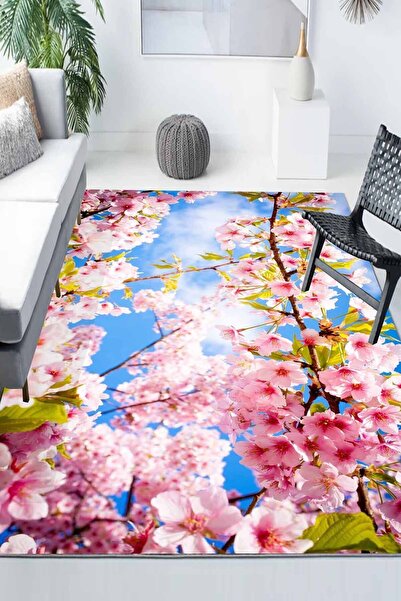 3D ELSE HALI Pembe Sakura Çiçekli Desenli Modern Kaymaz Yıkanabilir Mutfak Sa...