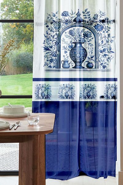 3D ELSE HALI Vintage Patterned Printed Blue and White Tulle Curtain - Living Room and Kitchen Decorative 140x260cm