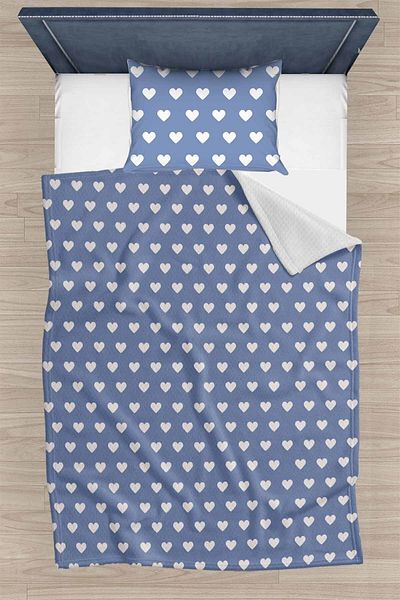 3D ELSE HALI Blue Heart Patterned Single Pillowed Printed Bedspread Pique Set 160x220cm
