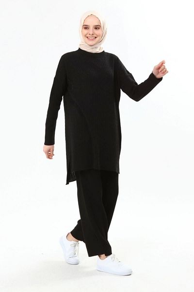 ilmek Black Braided Women's Trousers and Tunic Set - 4278