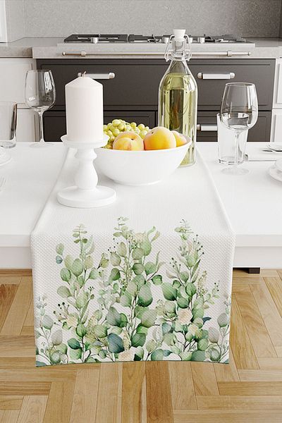 Else Dekor Aleer decorativ fără griji, cu model de eucalipt verde, imprimat digital, rezistent la pete, 40x140cm