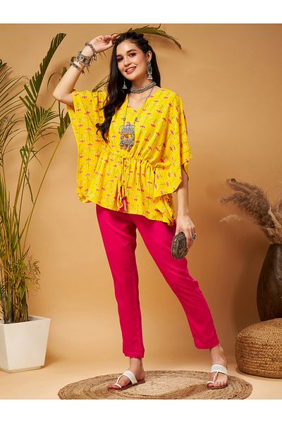 Sassafras By Styli Floral Print Ruched Waist Batwing Sleeves Top
