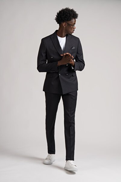 ADİMO Adimo Slimfit Sivri Yaka Çift Yırtmaçlı İnce Çizgili Kruvaze Takım Elbise