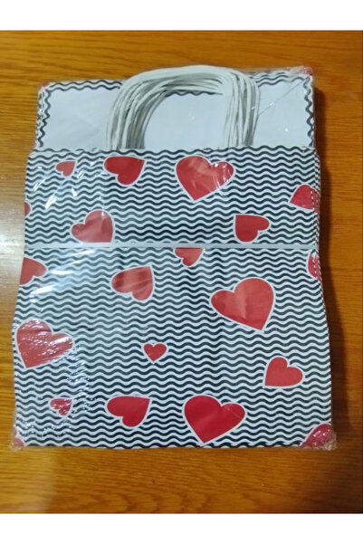 KENT 25X12X31 Burgu Saplı Dalgalı Kalp Desen Kraft Poşet - Çanta 25 Adet