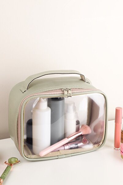 Arnee Kadın Yeşil Deri Şeffaf Kozmetik Çantası Seyahat Makyaj Çantası