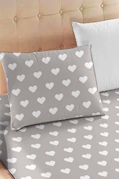 3D ELSE HALI Gray White Heart Patterned Elastic Single Pillowed Elastic Sheet Set 90x190cm