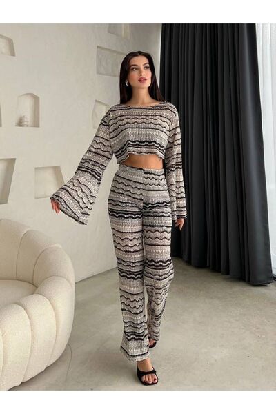 FASHION COCKTAIL Delikli Gözenekli Nefes Alan Kumaşlı Kontrast Bohem Şort Astarlı Pantolon Astarsız Kollu Krop Takım