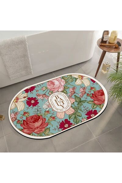 3D ELSE HALI Else Çiçek Desenli Su Emici Duş Önü Banyo Paspası Klozet Tek Par...