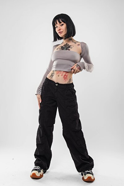 Bak Moda Μαύρο παντελόνι αλεξίπτωτο με λεπτομέρεια τσέπης