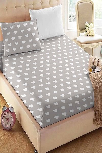 3D ELSE HALI Gray White Heart Patterned Elastic Single Pillowed Elastic Sheet Set 90x190cm