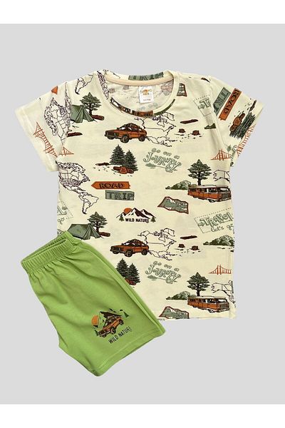 elmas kids Boy's 100% Cotton Car Bus Patterned Ecru Green Short Sleeve Shorts Summer Pajamas Set