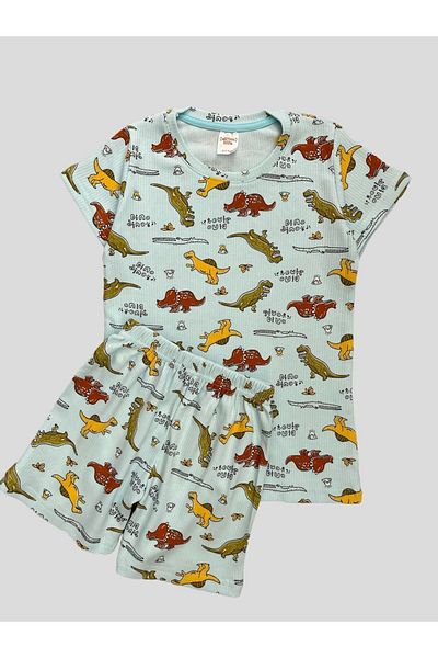 elmas kids Set de pijamale de vară pentru băiat, din bumbac, cu nervuri, cu model de dinozaur albastru, cu mâneci scurte