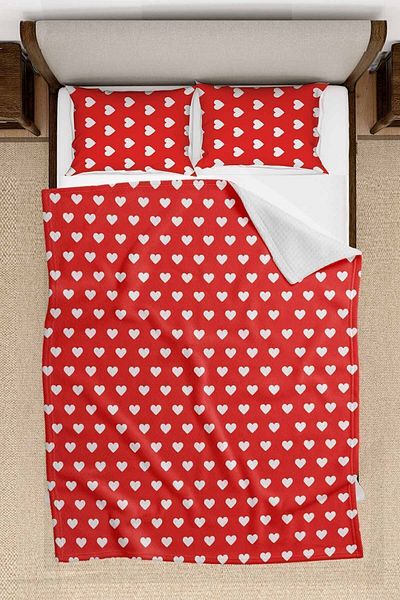 3D ELSE HALI Red Heart Patterned Double Pillowed Printed Bedspread Pique Set 200x220cm