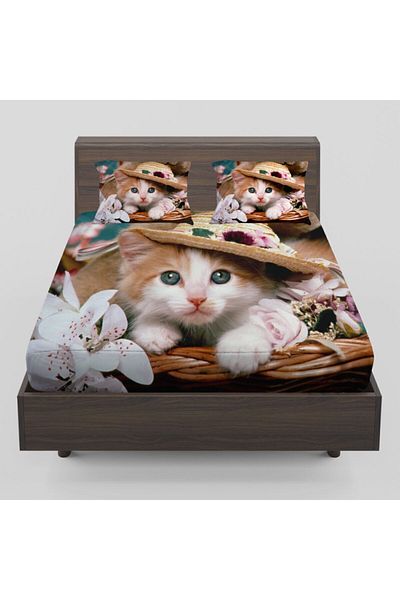 3D ELSE HALI Cute Cat Patterned Elastic Double Sheet Set with Hat 160x200 cm