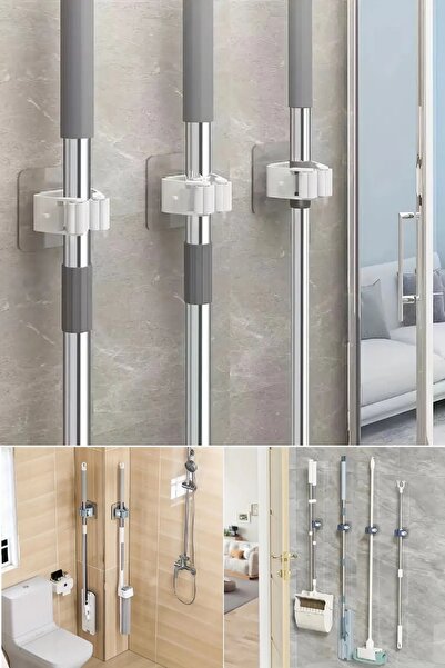 BİTERSE 4 Adet Pratik Yapışkanlı Mop Tutucu Çok Amaçlı Banyo Mutfak Eşya Tutu...