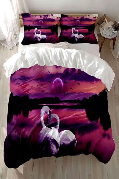 3D ELSE HALI Purple White Swans Pattern Printed Cotton Satin Double Duvet Cover Set
