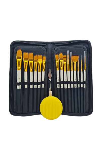 Gulcerenhobi Çantalı Yağlı Boya ve Akrilik Başlangıç Fırça Seti 15 li (Yan Kesik,Kedi dili,Düz ve Yuvarlak Fırça)