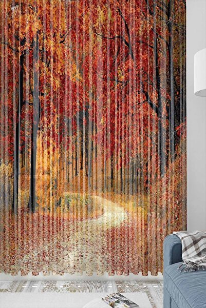 3D ELSE HALI Turuncu Sohbahar Orman Desenli Dekoratif Modern 3d Tül Fon Perde