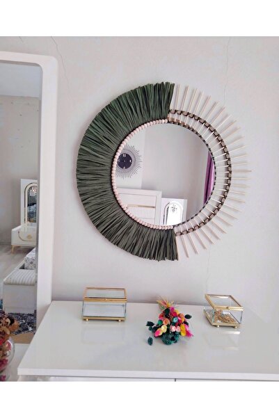 BOHEM 50 Cm Bambu Ayna, Haki Rafya Ayna , Makyaj Aynası