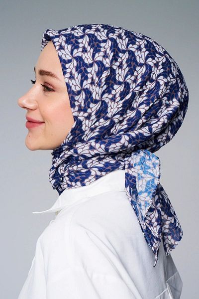 Modakaşmir Bamboo Scarf - Wheel Flower Pattern, Navy Blue Dusty, Brown