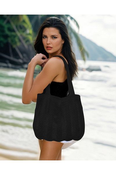 AQE FASHION Μαύρη πλεκτή τσάντα παραλίας - διάτρητη λαβή, χωρίς επένδυση, 40x36
