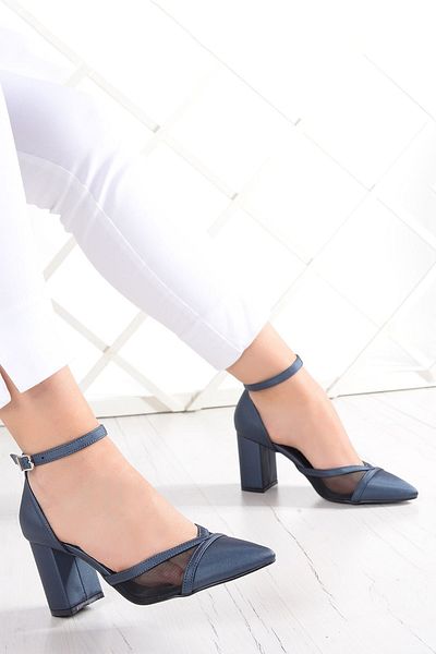 Erkan Saçmacı Βραδινό φόρεμα με χοντρό τακούνι Millie Navy Blue Satin Mesh