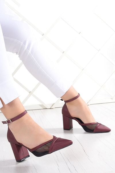 Erkan Saçmacı Pantofi de seara de seara cu toc gros din plasa din satin bordeaux Millie