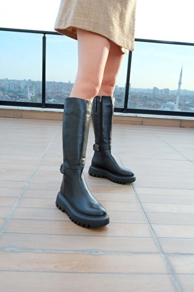 FOLLİNİ Γυναικείες μαύρες μπότες από γνήσιο δέρμα με λεπτομέρειες από πέτρα