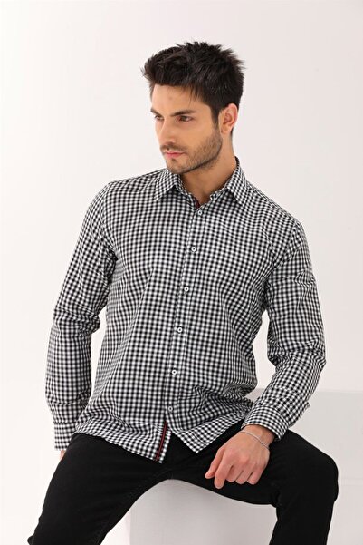 Catto Peak Ανδρικό πουκάμισο - Μαύρη ρίγα, καρό Piti, κανονική εφαρμογή