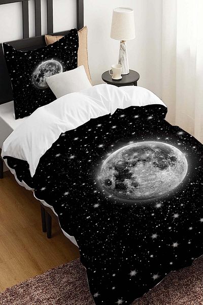 3D ELSE HALI Moon Galaxy Patterned Black Gray Cotton Satin Children's Bedding Set - Single