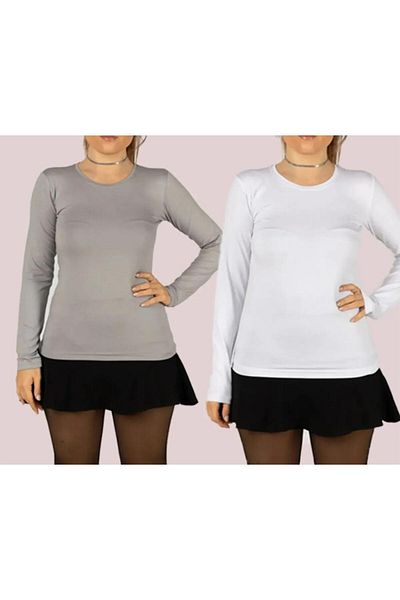 BLUEMOOR Flexible Lycra Women's Bodysuit - Long Sleeve, Round Crew Neck, Set of 2 (2 Pieces)