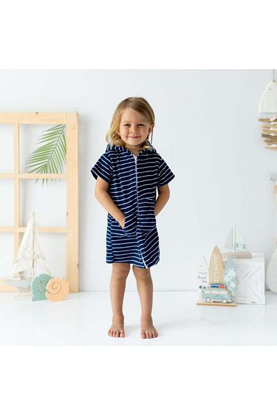 Mama Yoyo Baby&Kids Navy Blue Striped Short Sleeve Beach Bathrobe - Outlet