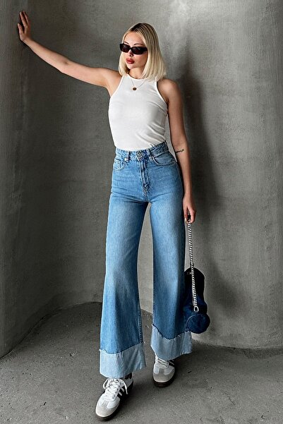 VAGGON المرأة الضوء الأزرق مرقع الساق عالية الخصر خمسة جيوب بالازو جان Prm0886