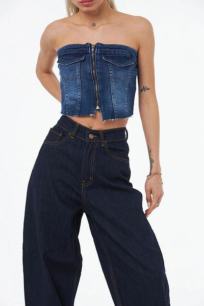 VAGGON Bustieră din denim cu fermoar albastru închis pentru femei Prm0628