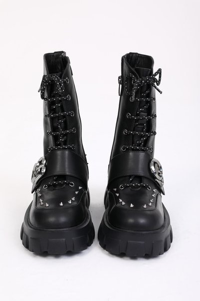 FOLLİNİ Women's Black Leather Studded Detailed Boots